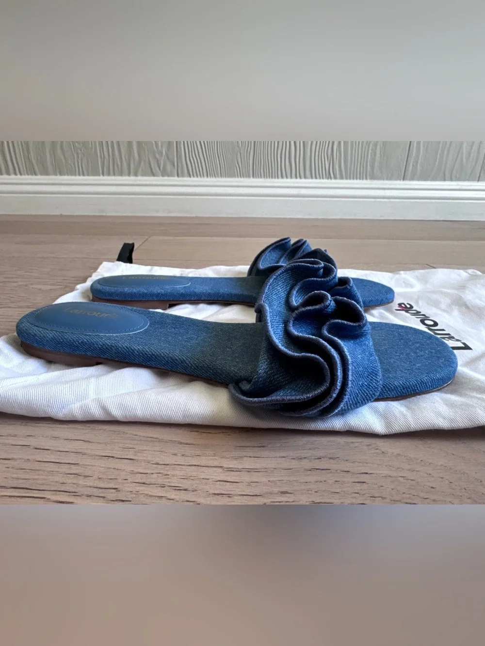 Larroudé Ivy Ruffle Flat Mule Sandal In Blue Denim Size 8.5